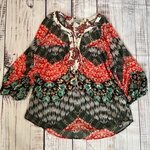 Figueroa & Flower Red, Black & Green Sheer Floral Top Size Medium Pre-Loved